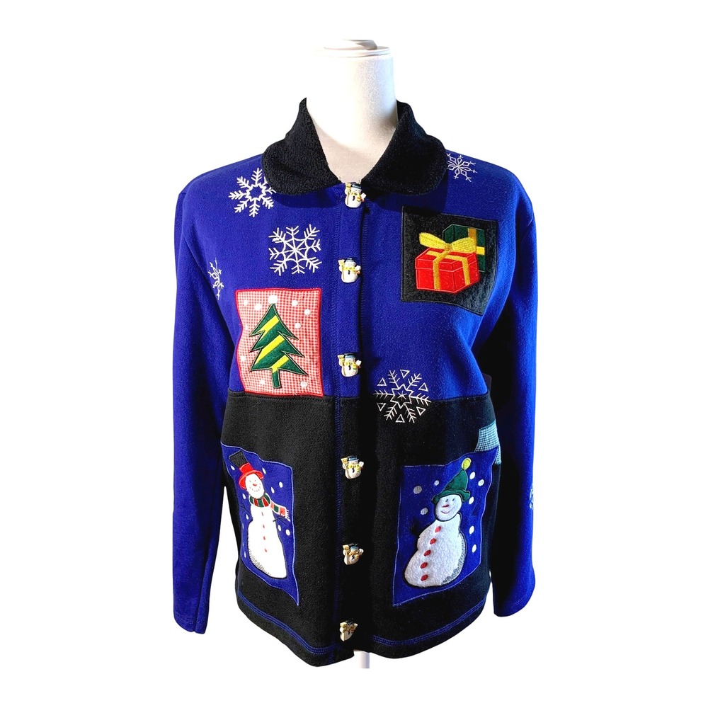 Vtg  Onque Casuals Blue Fleece Christmas Jacket S  Snowman Tree Applique Buttons